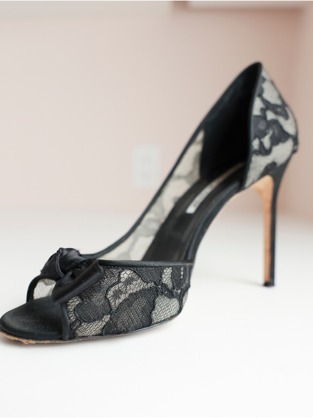 Manolo Blahnik Black Lace Peep-Toe Pumps with Satin Bow - Picture 4 of 9